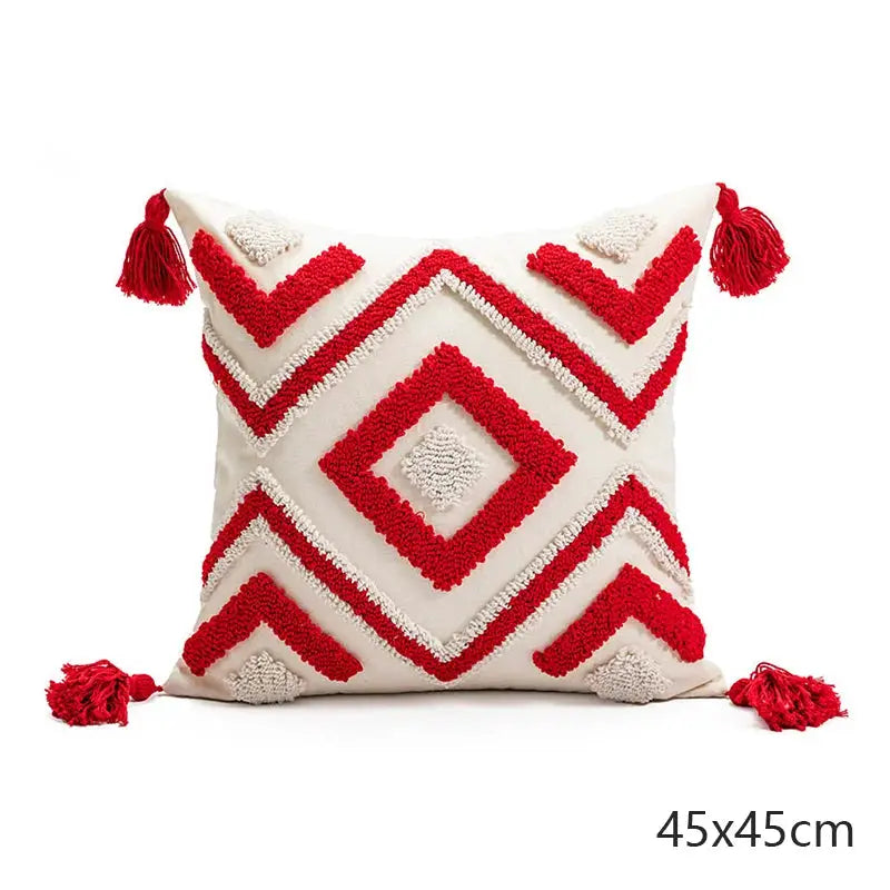 Bohemian geometric embroidered pillow cushion cover with red tassels, 45x45 cm, Simples Market