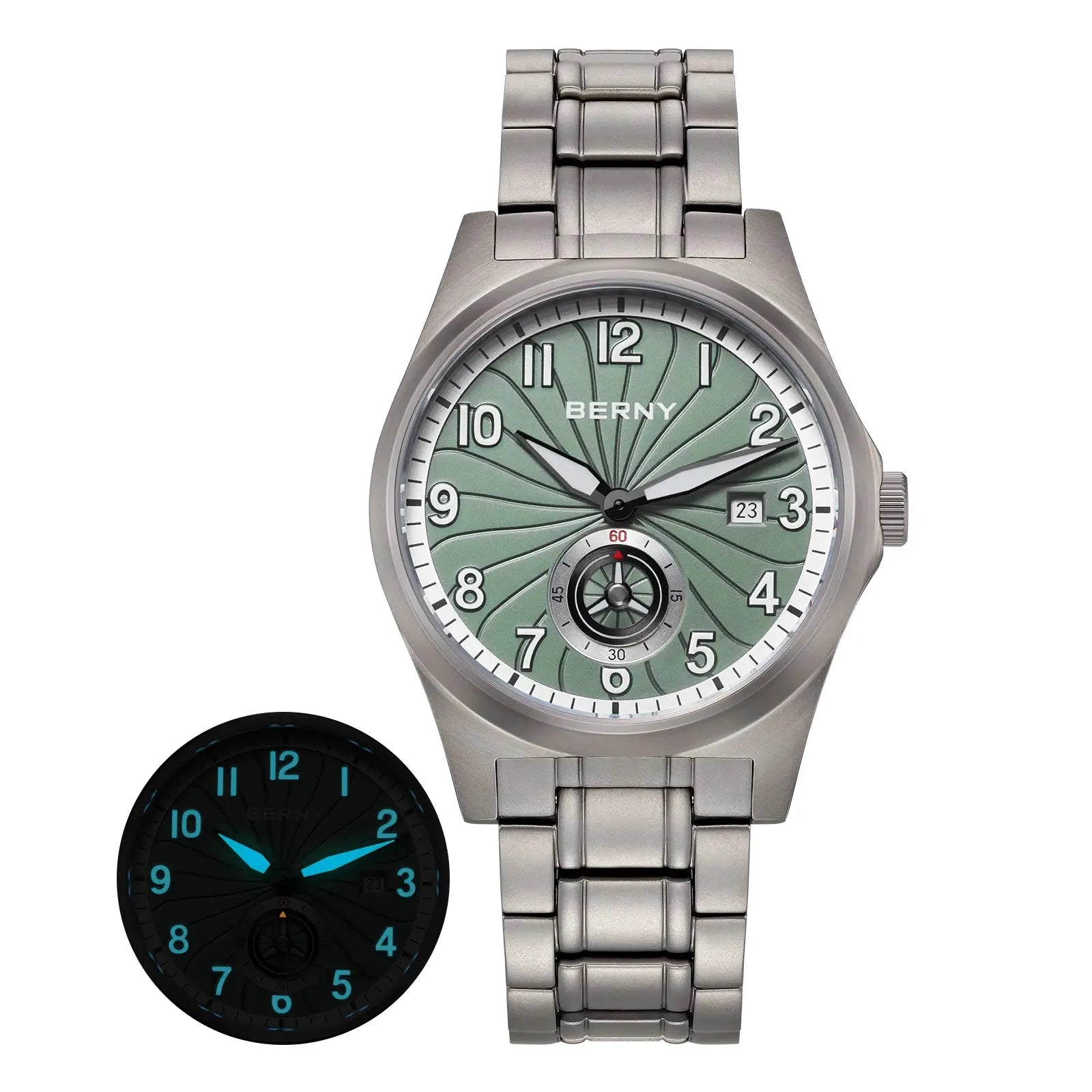 Two BERNY watches: silver titanium automatic men’s with green patterned dial; black luminescent dial variant.