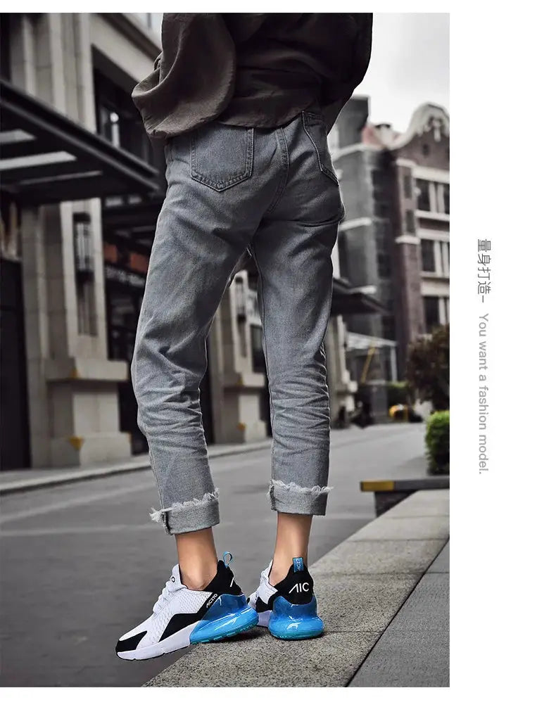 Men's sneakers AIC outdoor jogging sport shoes, white mesh upper with black accents and bright blue sole