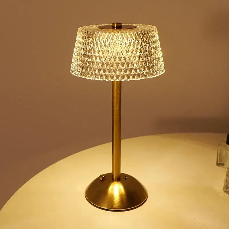 Rechargeable LED night lamp with glass diamond-cut shade and gold metal base