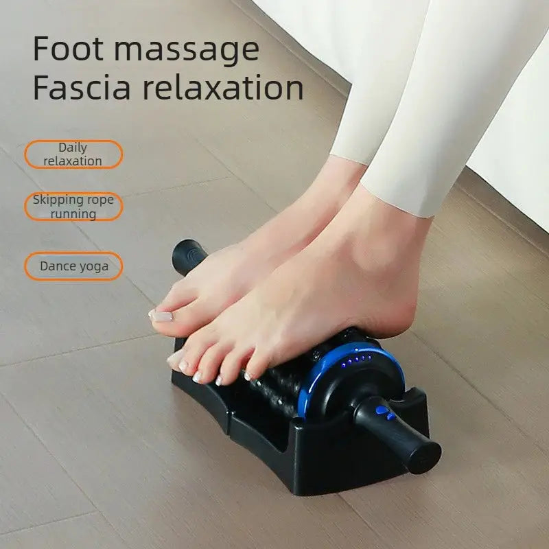 Rechargeable rolling percussive massager with base, black body and blue accents for foot, back, and leg muscle relief.