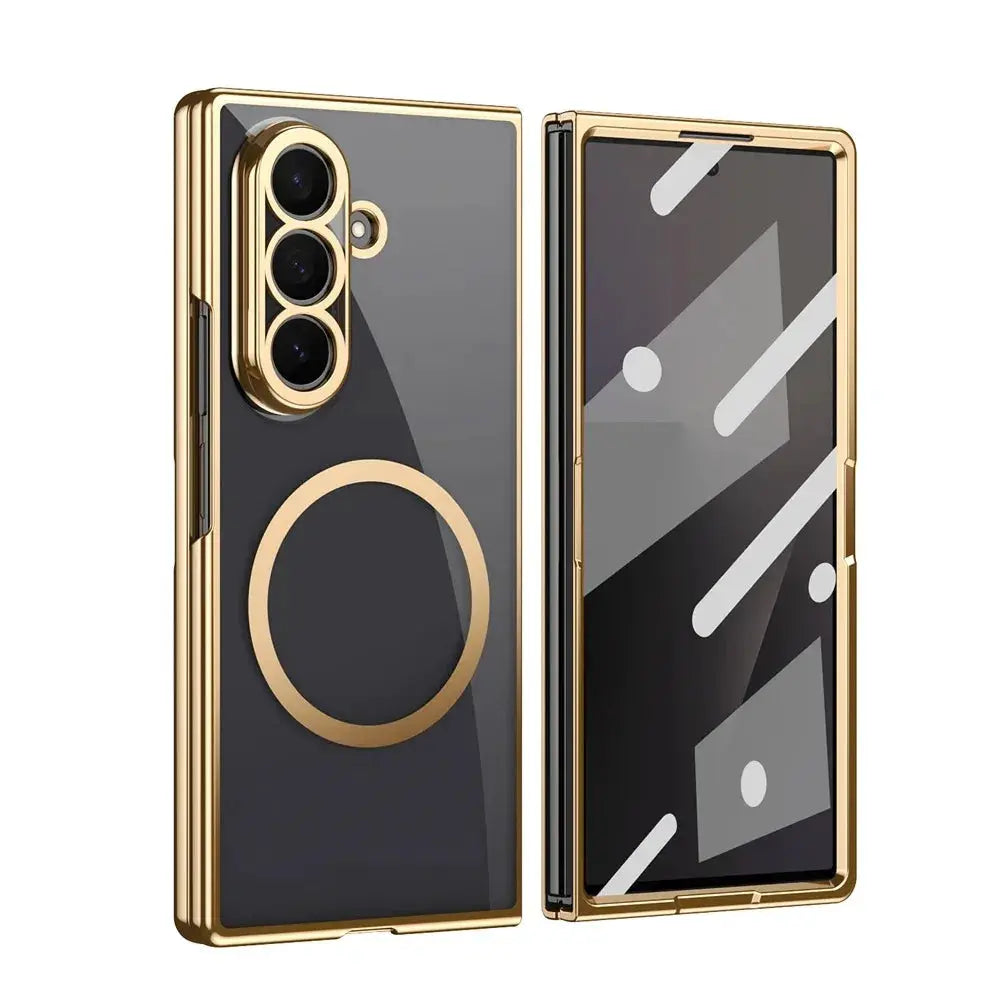 Gold magnetic phone case with clear back and ring stand for Samsung Galaxy Z Fold 7/6/5/4/3