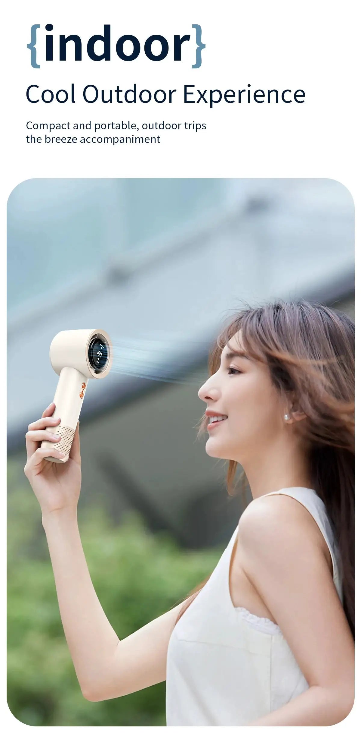 Handheld beige high-speed fan, outdoor portable air cooler in action.