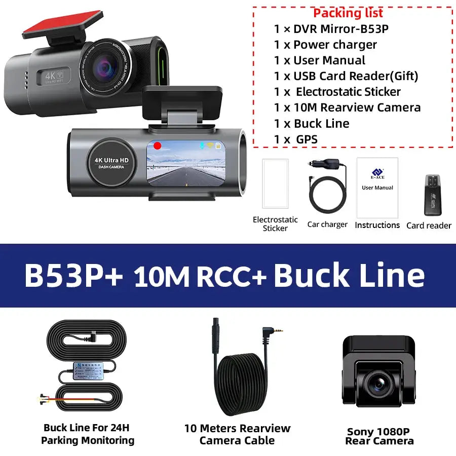 Simples Market Dash Cam 4K GPS WiFi with front and rear cameras, black; includes 10m rear cable