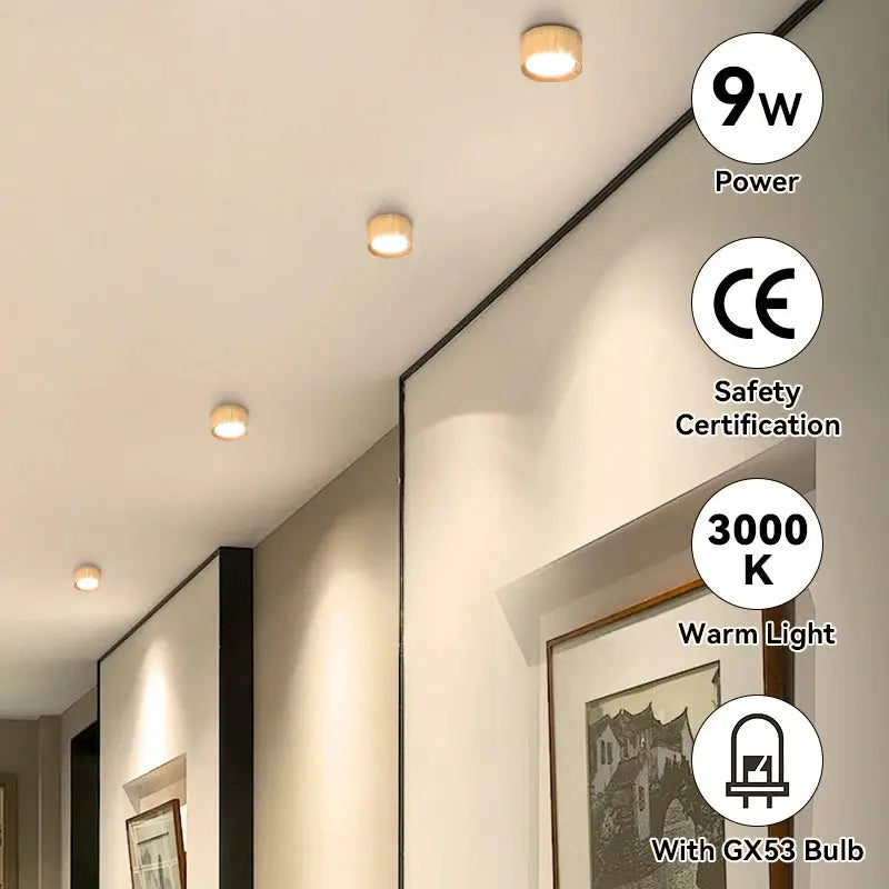 GX53 wooden ceiling downlights set by Simples Market; five warm 3000K 9W LED lights along a hallway, CE certified