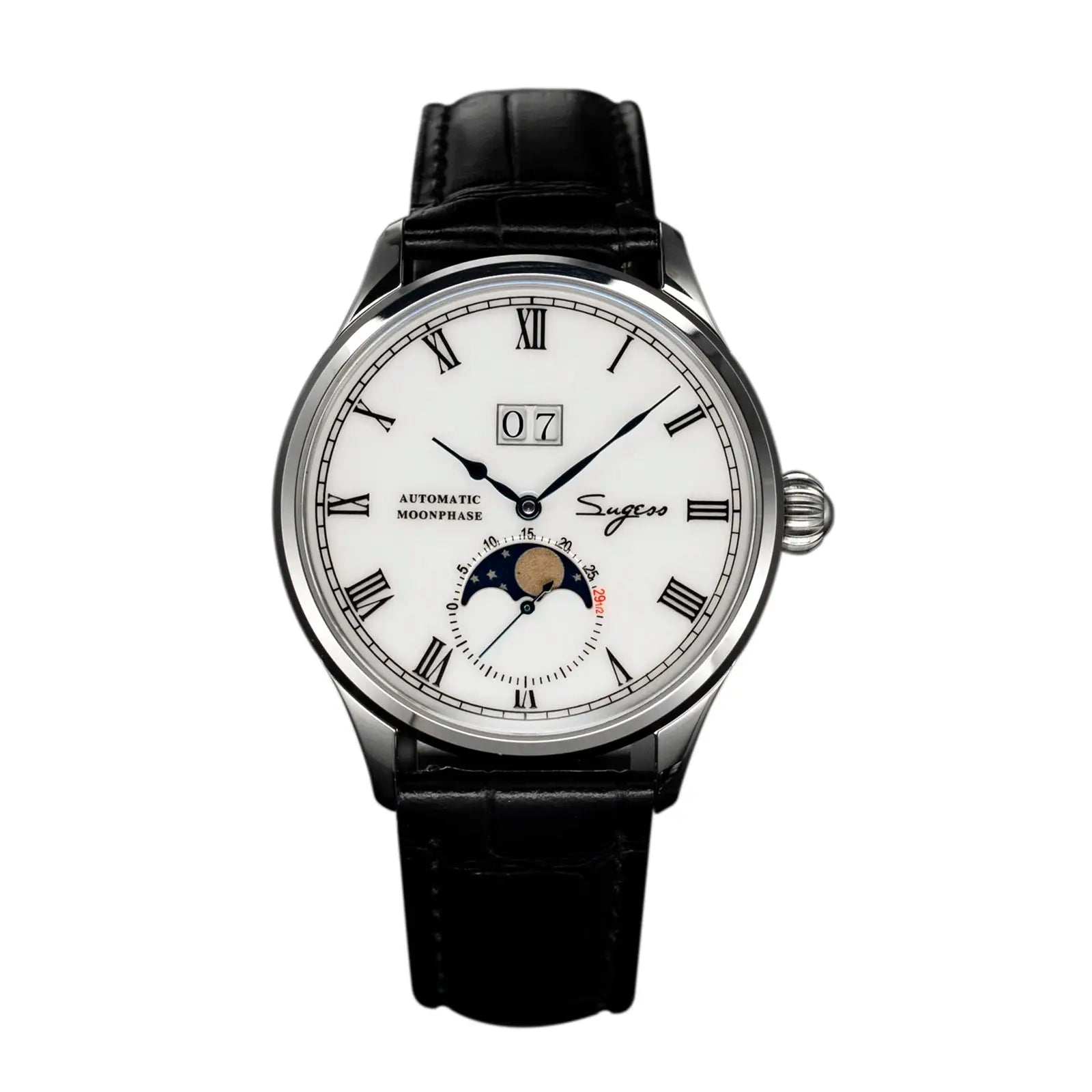 Sugess Moonphase automatic wristwatch with white dial and black leather strap