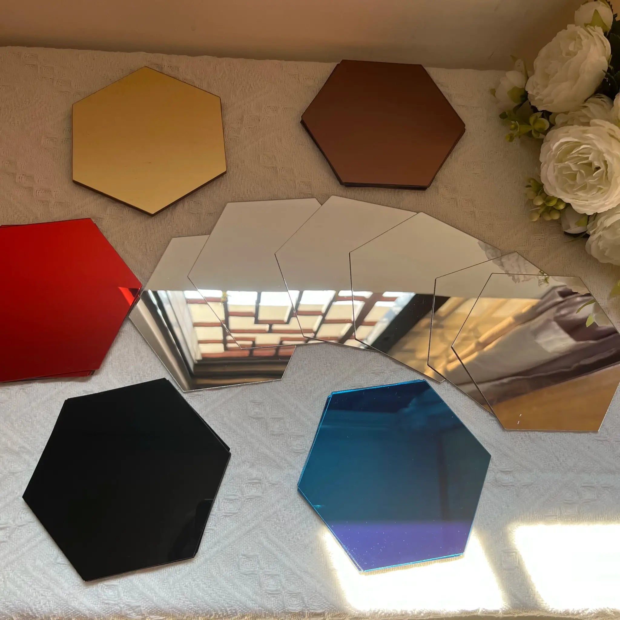 Hexagon mirror wall tiles set, 126mm, assorted colors (gold, copper, black, blue) for DIY decor