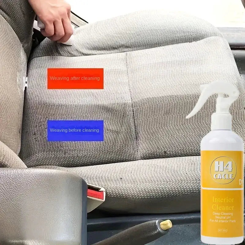 H4Cacle interior cleaner spray bottle beside a gray car upholstery seat with before/after cleaning labels.
