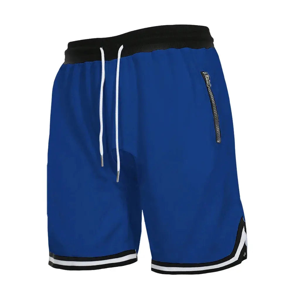 Men's blue quick-dry basketball shorts by Simples Market, black waistband, white drawstrings, zipper pocket.