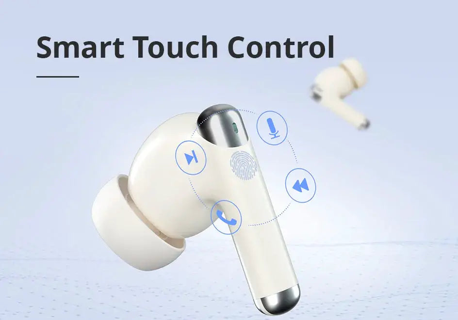 Tronsmart Bluetooth earphones by Simples Market; wireless white earbuds with touch control and quadmic noise reduction