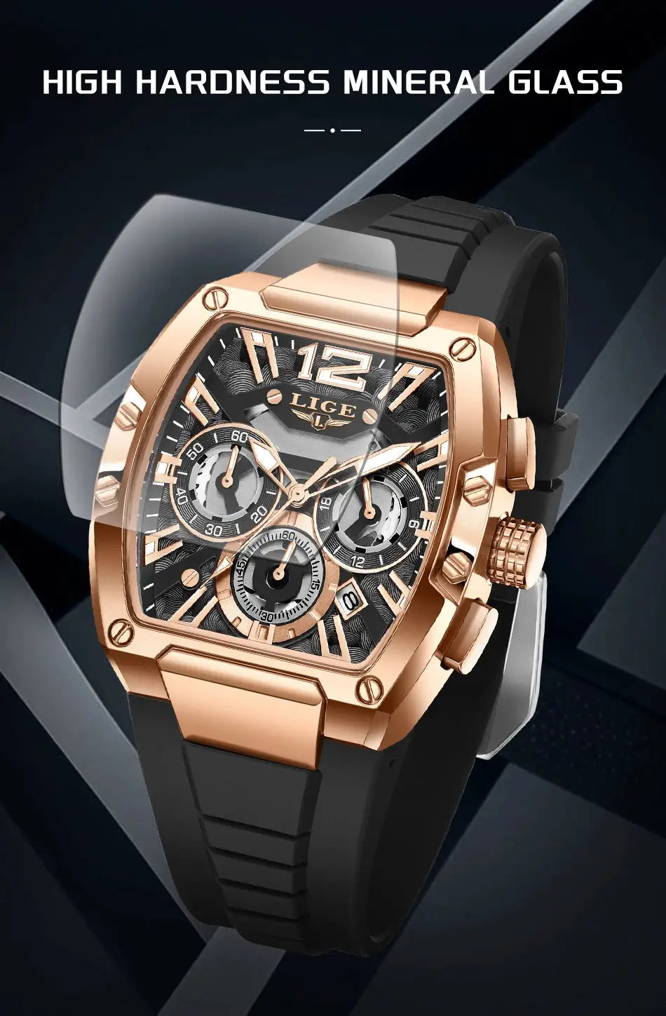 LIGE men's chronograph quartz watch with rose-gold case and black silicone strap