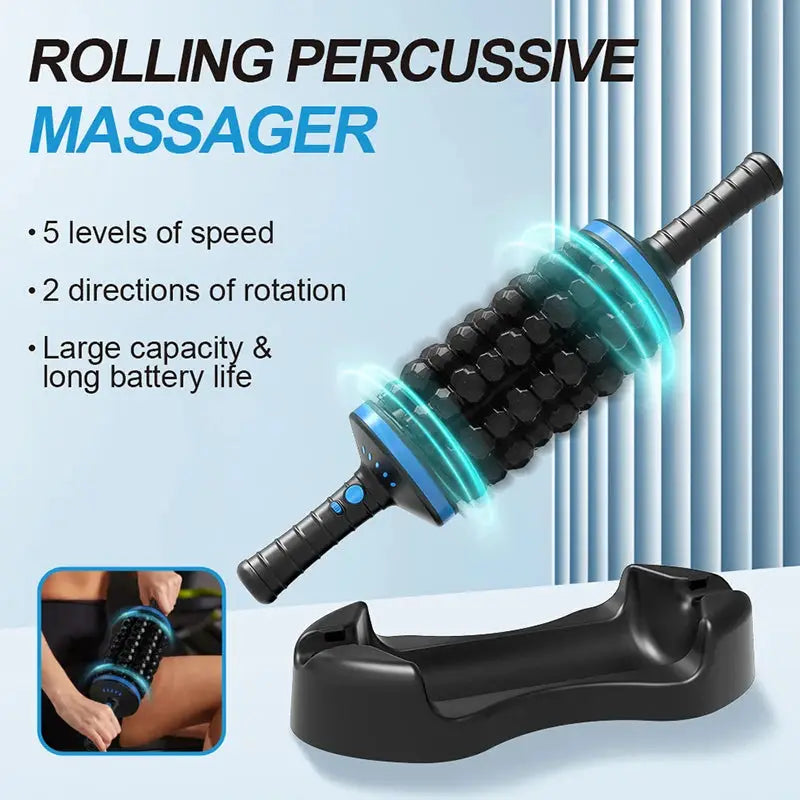 Simples Market cordless roller massager with blue ring, 360 rolling percussion and charging dock