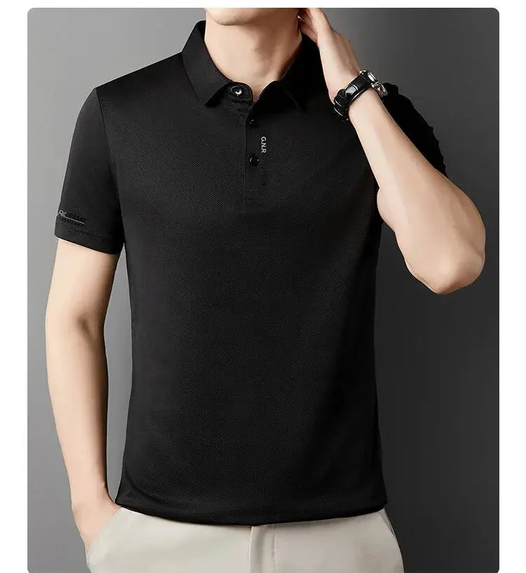 Polo shirt by Simples Market, black ice-silk short-sleeve polo for men.