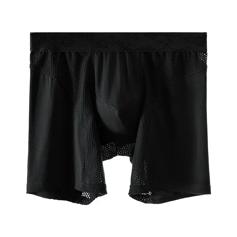 Men's black boxer briefs with breathable mesh panels and an extra-long leg design