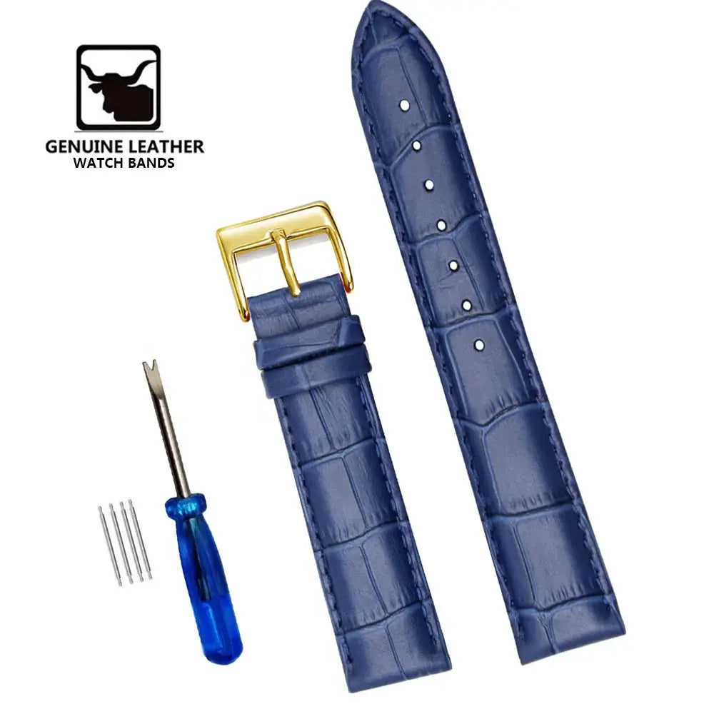Premium genuine leather watchbands blue 12–24 mm with gold buckle and tool by Simples Market