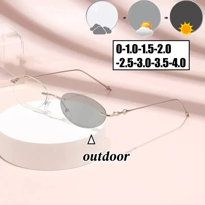 NovaVision Frameless Small Oval Photochromic Myopia Glasses With Automatic Tint For Indoor Outdoor Comfort