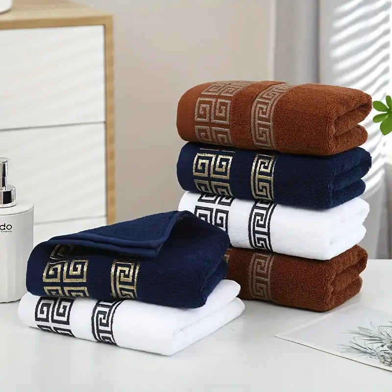 2pc bathroom towel set, 100% cotton, embroidered geometric border for home or hotel use