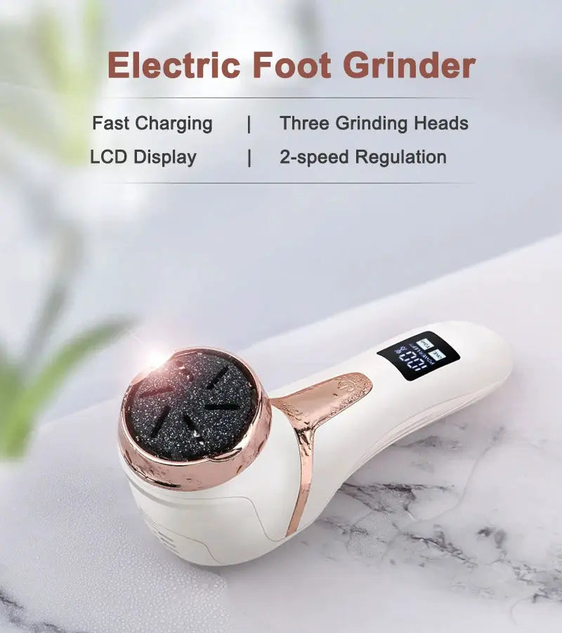 Electric foot grinder Simples Market with white body, rose-gold head, and LCD display