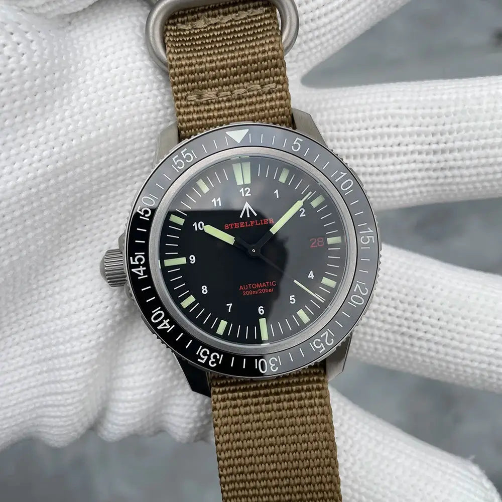 STEELFLIER SF783 NH35 automatic dive watch with ceramic bezel, black dial, luminous hands, tan fabric strap, 20 Bar