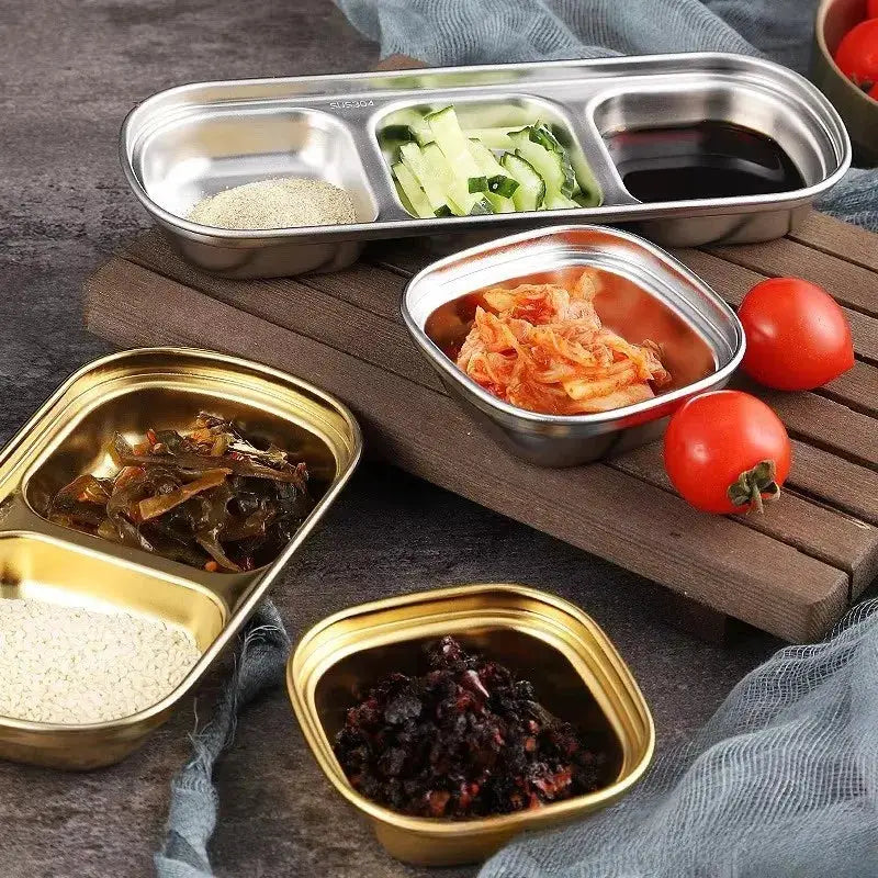 304 Stainless Steel Korean Style Dinner Plate And Gold Dipping Sauce Plate Barbecue Tableware Multi Functional Set