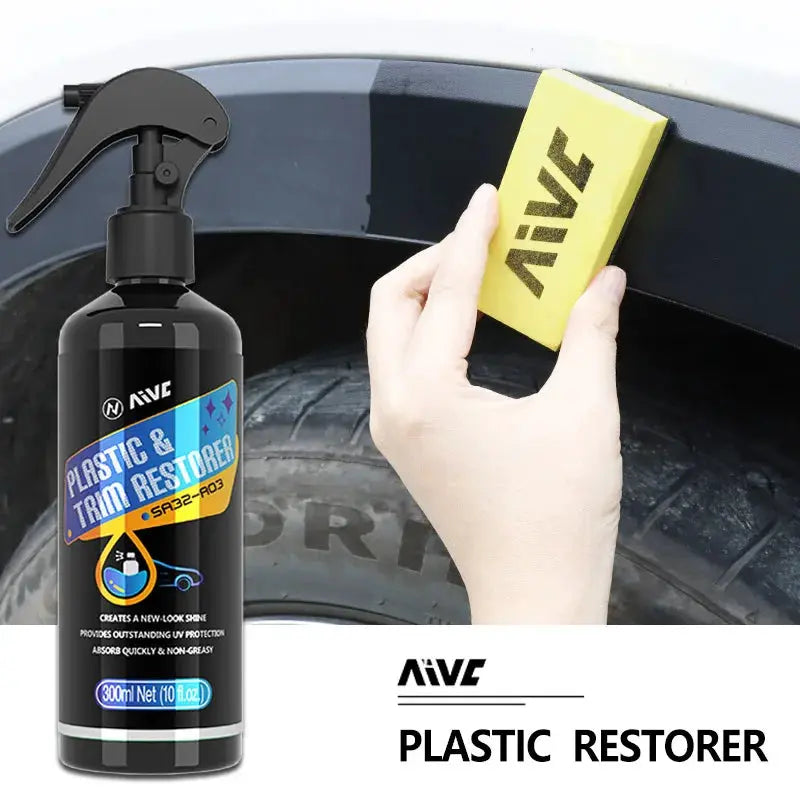 Plastic Restorer spray bottle by Simples Market with hand applying cleaner to a car bumper using a yellow sponge