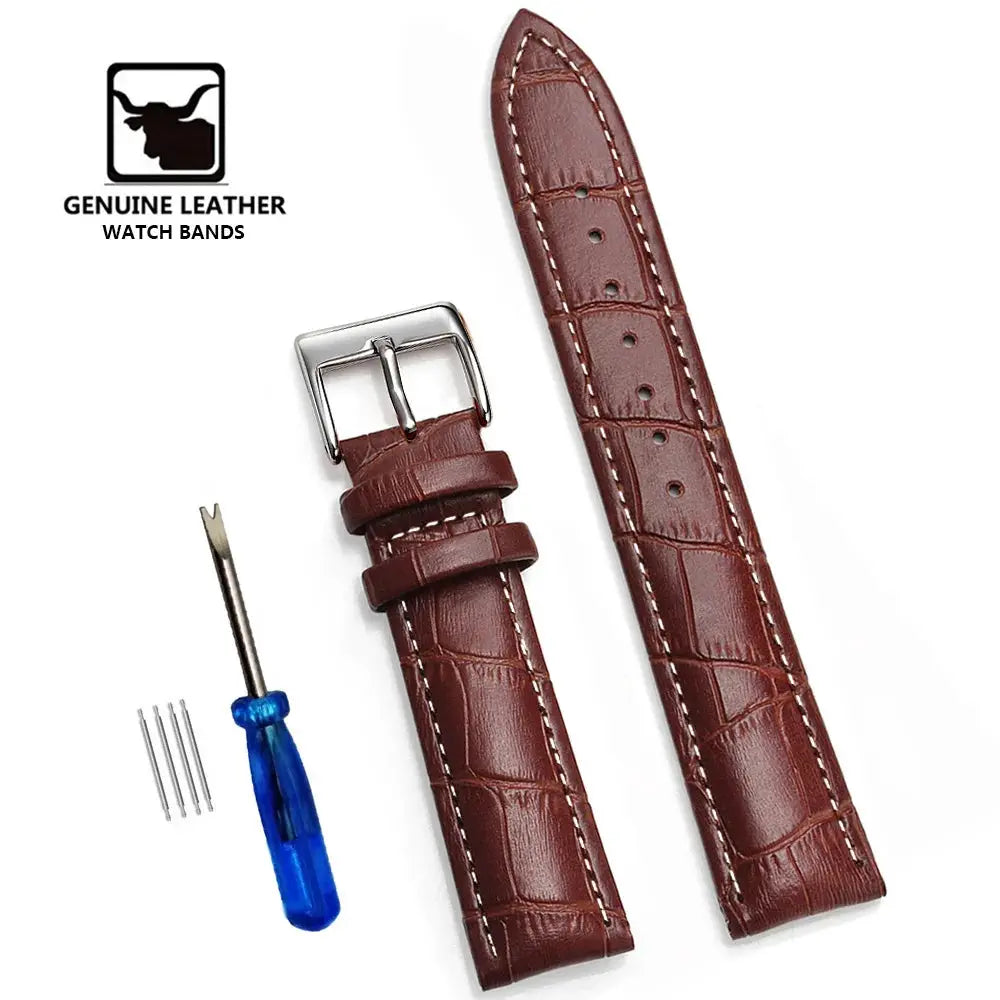Watch bands by Simples Market: two brown genuine leather straps with crocodile texture, 12–24 mm, includes tool