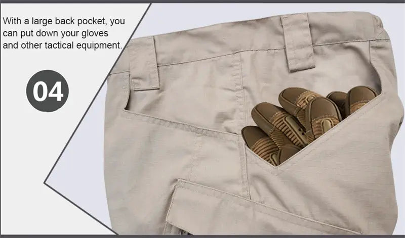 Tactical cargo pants for men in khaki, multi-pocket with back pocket holding gear.