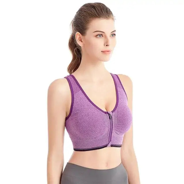 Simples Market women's front-zip running sports bra, lavender purple, seamless breathable