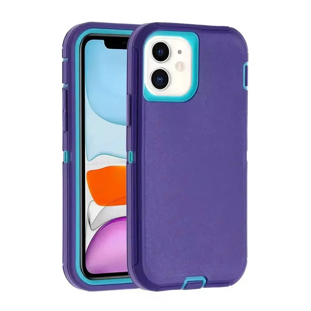 Purple 3-in-1 heavy-duty iPhone case with teal accents, anti-drop shockproof cover