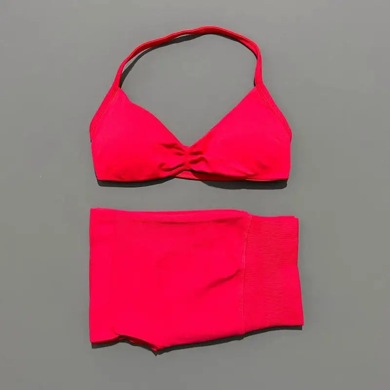 Histello 2 Piece Women Yoga Set Strappy Bra Top Scrunch Shorts