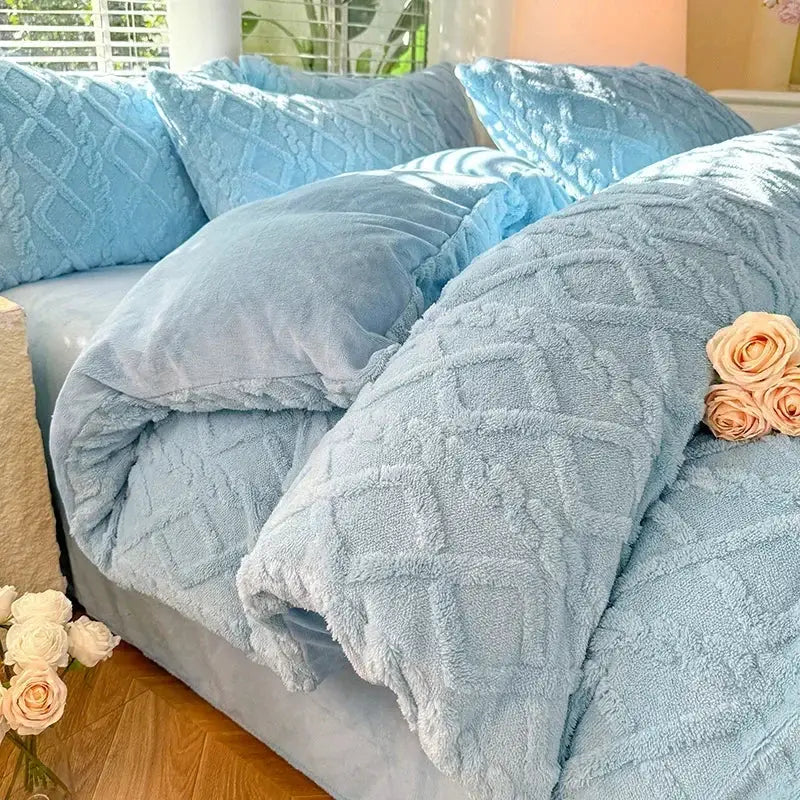 Simples Market Tafuru Milk fleece quilt set in light blue, thickened warm solid-color duvet cover for double bed