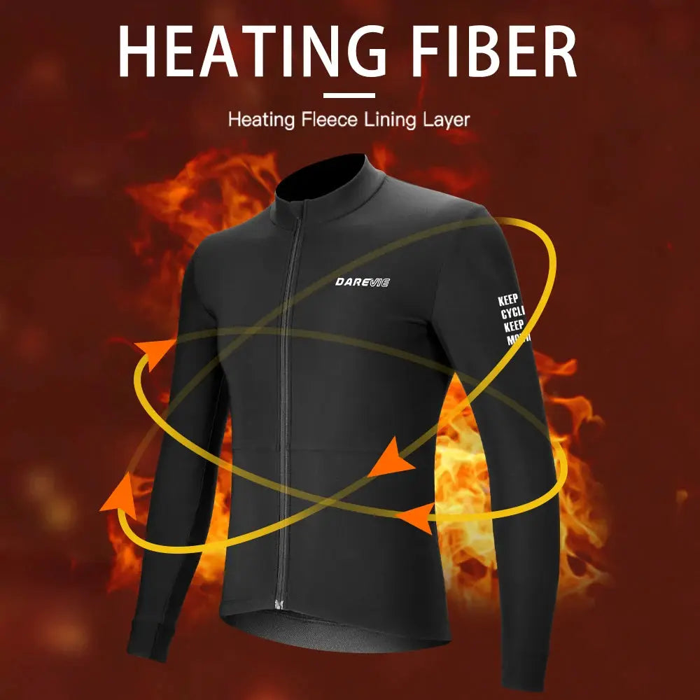 DAREVIE cycling jersey with heating fleece lining, black long-sleeve zip-front