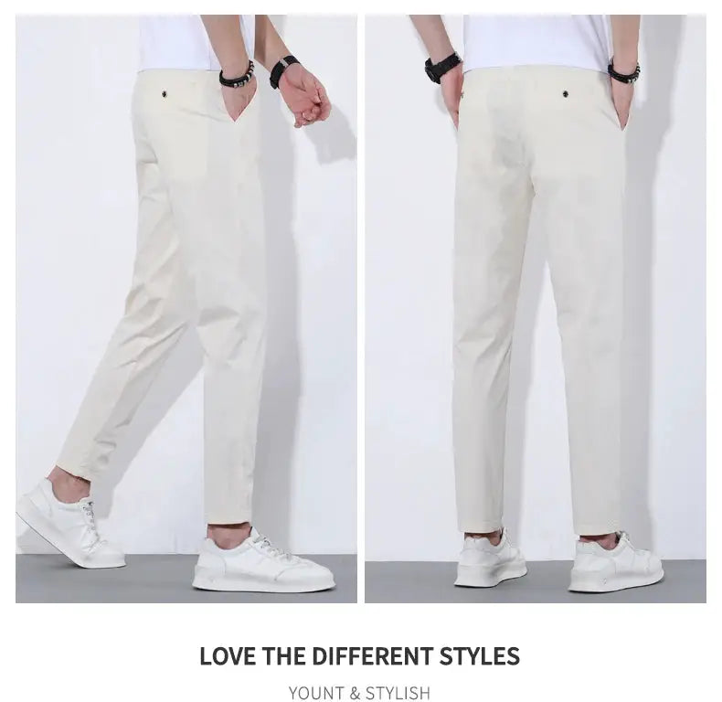 HIQOR men's casual breathable cotton long pants in beige with front and back views
