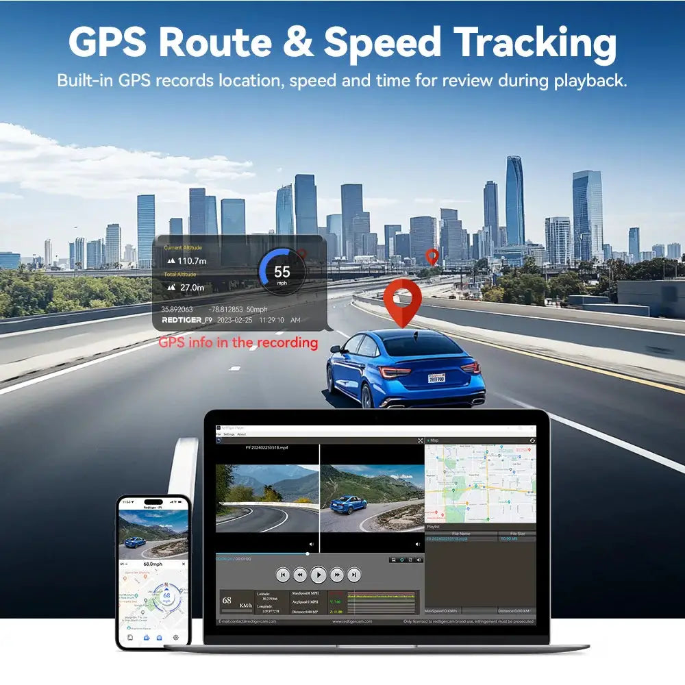 REDTIGER F9 Dash Cam 4K with front and rear recording, GPS route and speed tracking UI on laptop and mobile