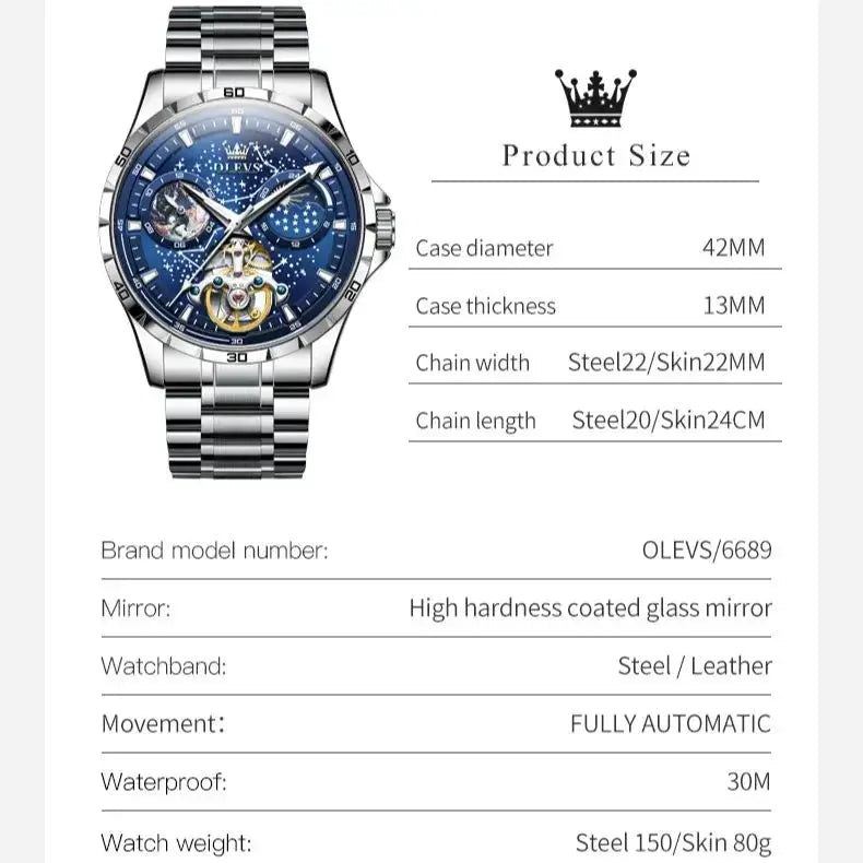 OLEVS Flywheel skeleton automatic watch for men, blue starry sky dial, stainless steel bracelet, water resistant 30M