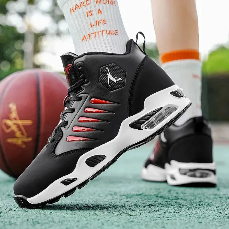 Pair of men's high-top basketball shoes, black with red accents and white midsole with visible air cushioning.