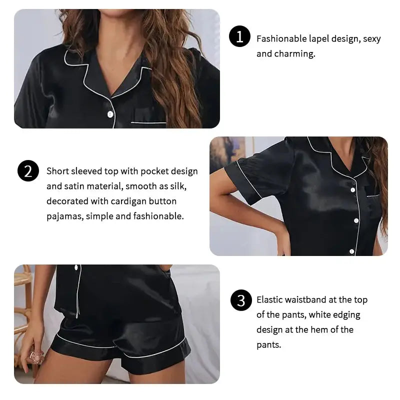 LuxeDream Satin Sleepwear Set Women Button Down Top And Shorts 2 Piece Pajama Set Silky Comfort For Summer