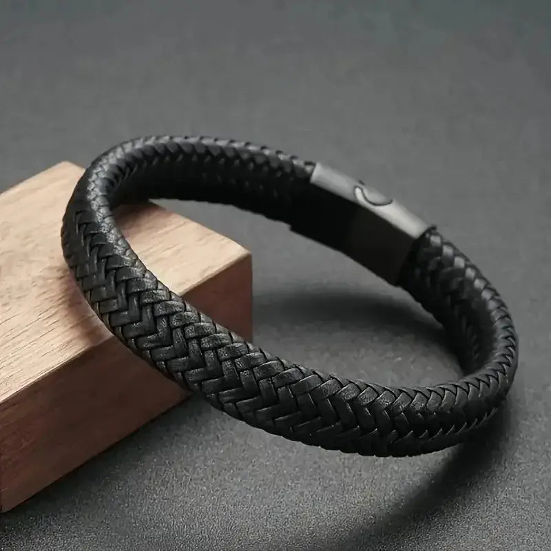 Black PU Leather Magnetic Bracelet For Men Elegant Mature Style Durable Zinc Alloy Charm Great Gift For Him