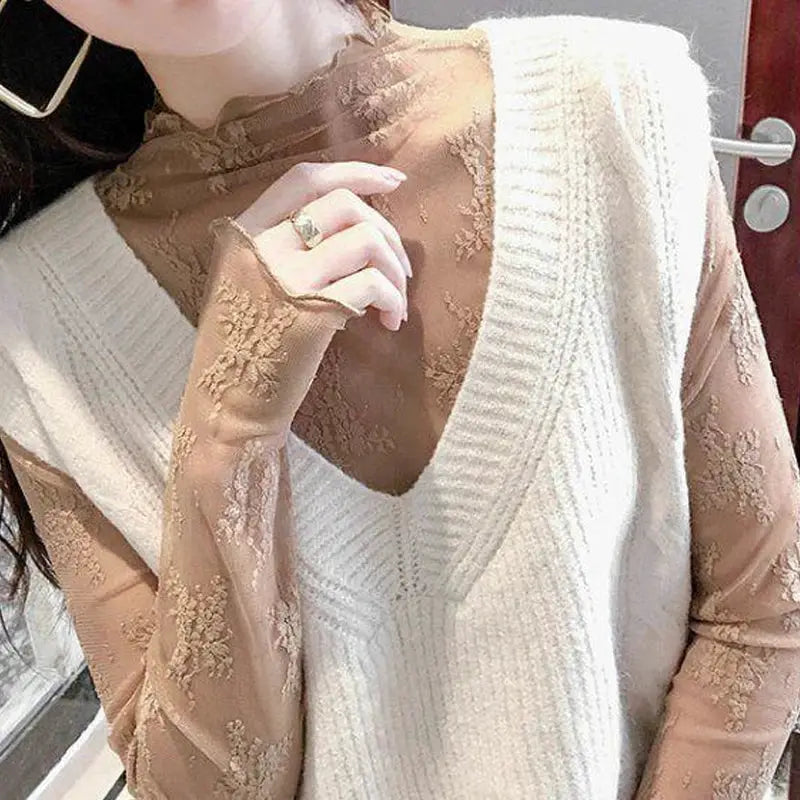 NovaLace Sheer Mesh Blouse With Floral Lace Long Sleeve See Through Top for Women