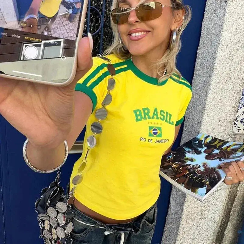 Womens Aesthetic Brasil Letter Print T Shirt And Shorts Set Y2K Grunge