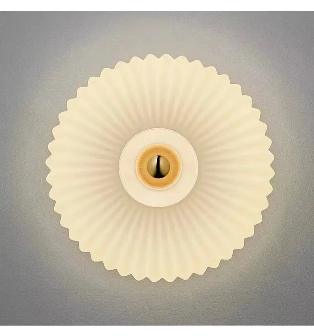 Nordic LED glass wall sconce with white pleated shade and gold center ring