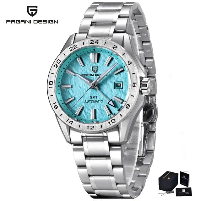 Pagani Design GMT stainless steel men's watch with turquoise dial, automatic movement, sapphire glass, with 2 boxes