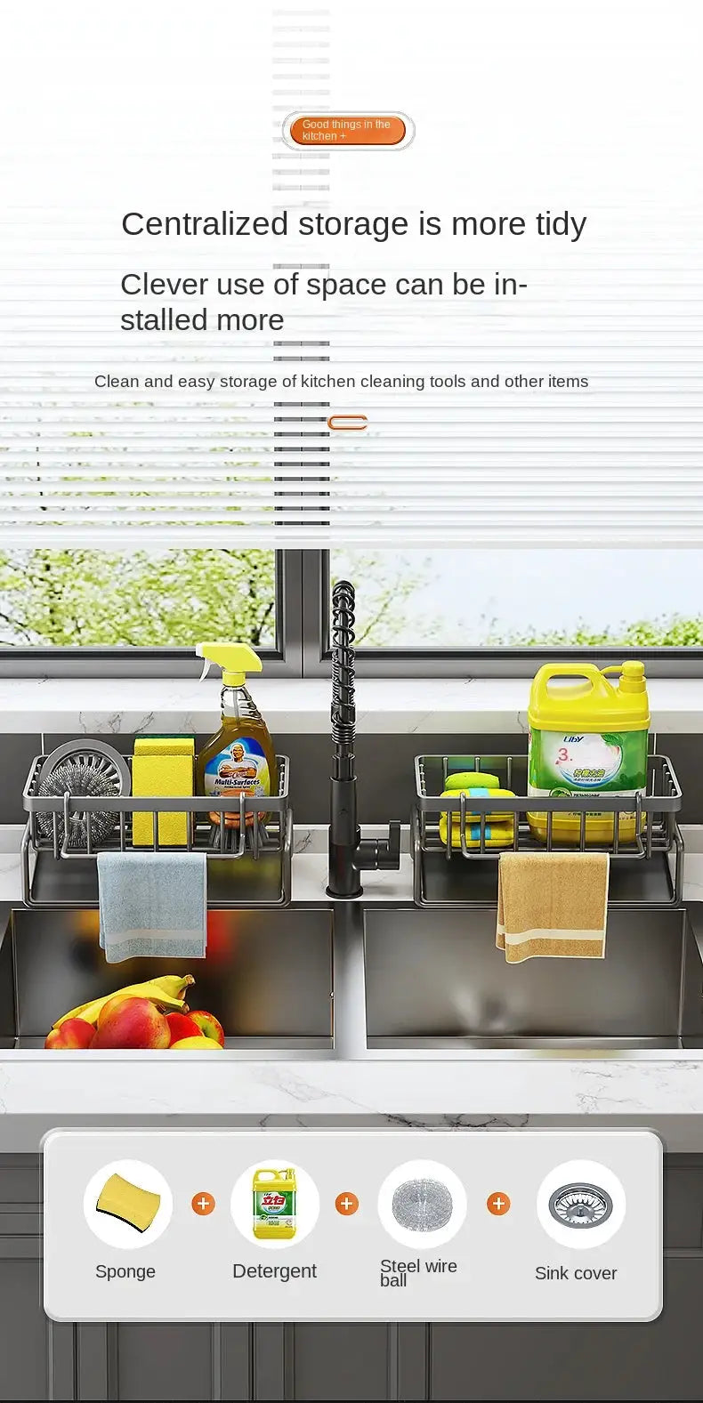 Simples Market stainless steel sink drainage rack set for double basin with sponge and dishcloth storage