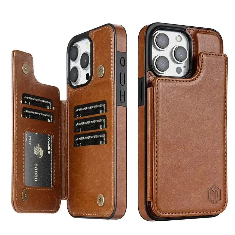 Simples Market brown leather RFID blocking wallet case with card slots and magnetic closure for iPhone.