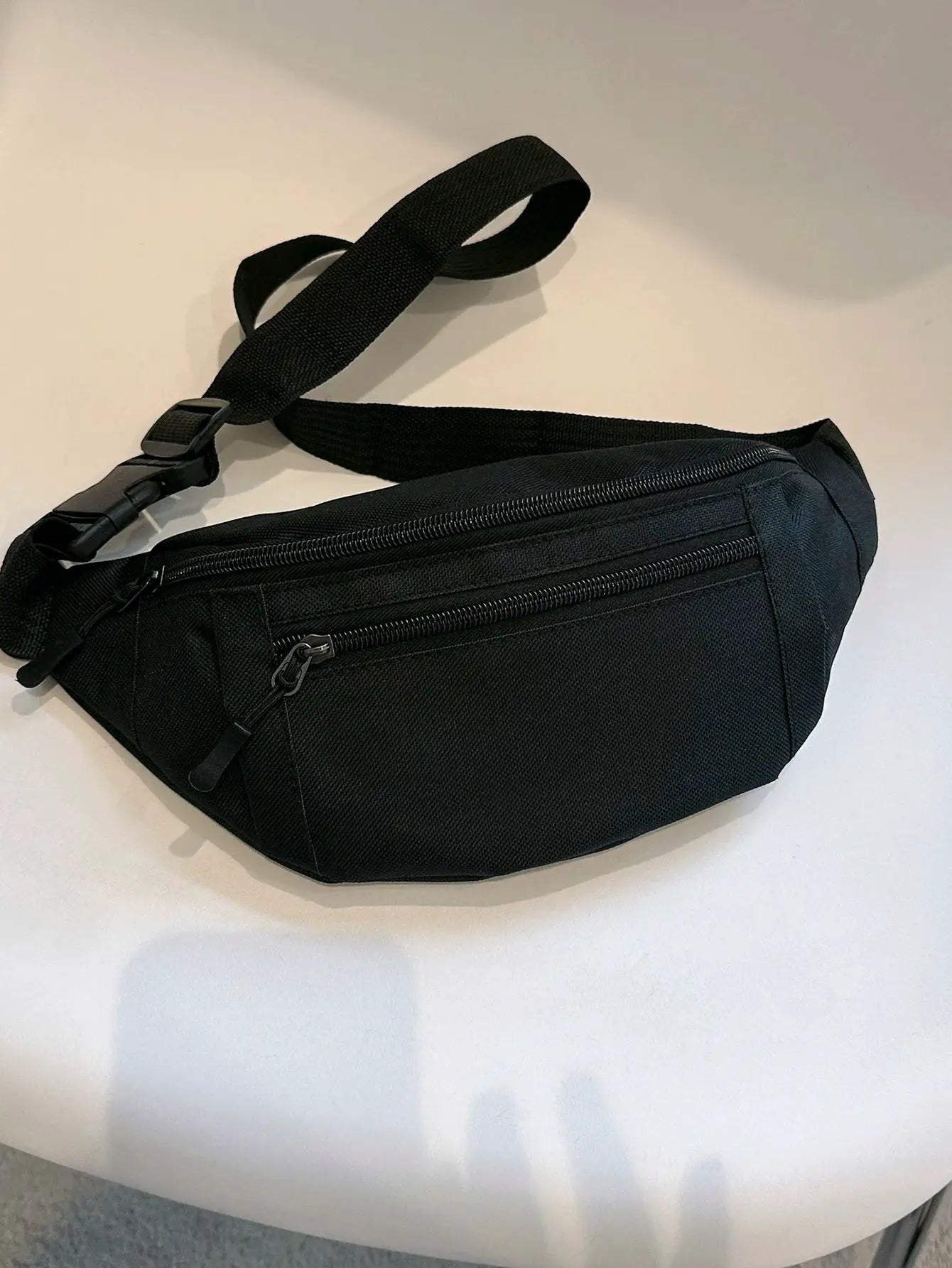Fanny pack black nylon waist bag with dual zip pockets and adjustable strap