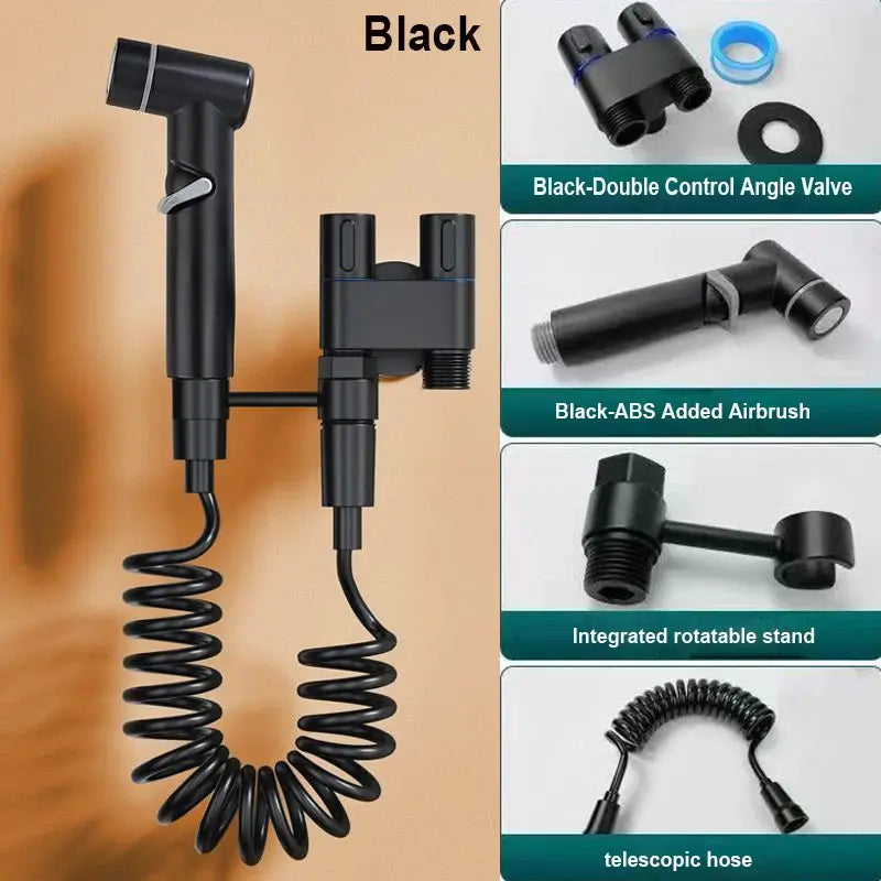 Hygienic shower bidet sprayer, black wall-mounted dual-outlet angle valve with coiled hose by Simples Market