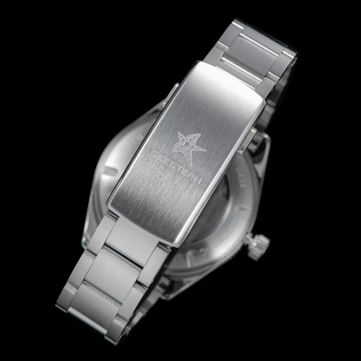 Seestern diver watch with brushed stainless steel bracelet and logo on deployment clasp