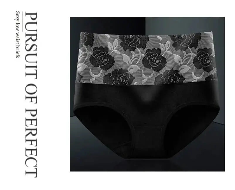 3-pack high-waist cotton panties for women; black with gray floral-print waistband