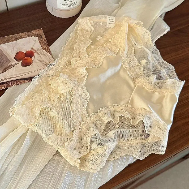 Simples Market lace high-waist panties in ivory sheer mesh with floral lace trim, breathable