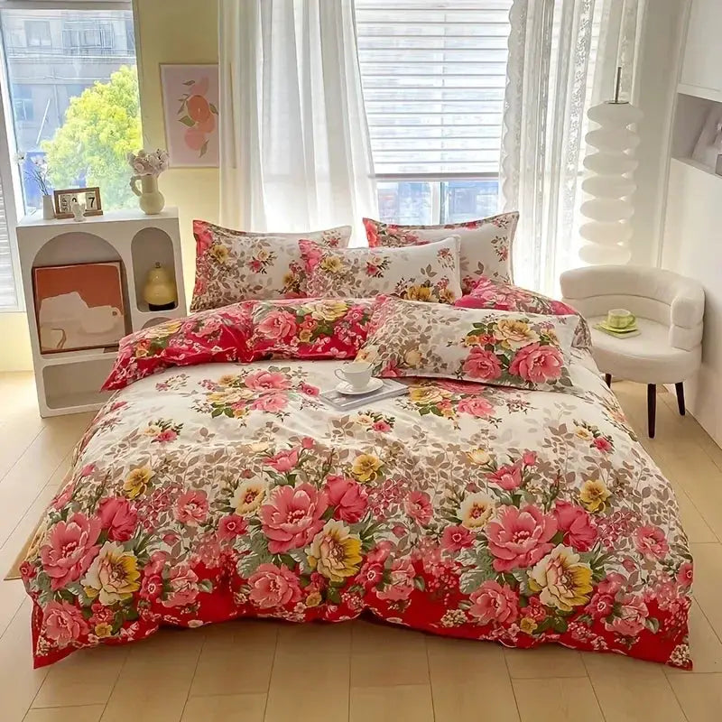 Simples Market floral duvet cover set with zipper closure; 3-piece includes duvet cover and 2 pillowcases, pink floral.